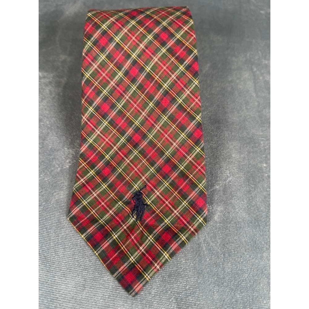 Polo Ralph Lauren Red Green Tartan Plaid Cotton Necktie Pony Made in USA